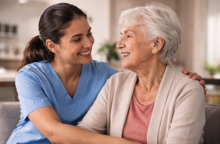 A caregiver and an elderly woman sharing a smile at home