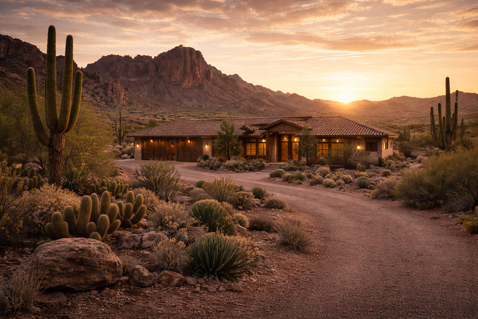 A beautiful Arizona desert home glowing at sunset beneath the mountains